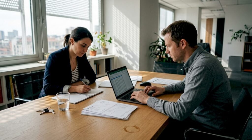 Professionisti al lavoro che analizzano attentamente documenti finanziari in ufficio.