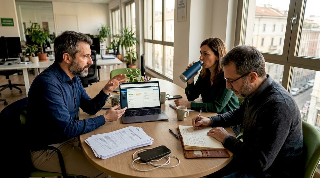 Riunione di lavoro in ufficio: il team discute progetti e strategie davanti al computer portatile.