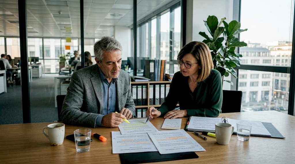 Alcuni manager stanno esaminando il contratto di noleggio insieme, seduti in ufficio.