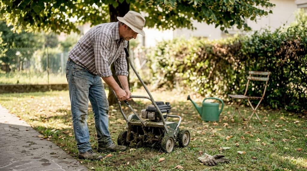 Un uomo sistema gli attrezzi da giardino nel cortile di casa.