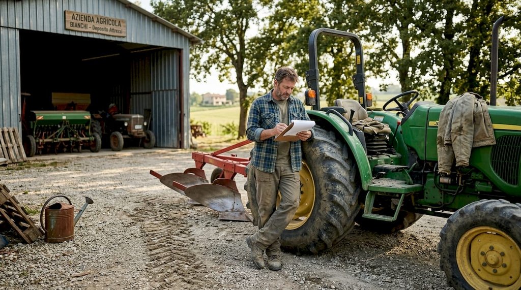 Il responsabile dell’azienda agricola sta controllando i documenti relativi al noleggio delle attrezzature.
