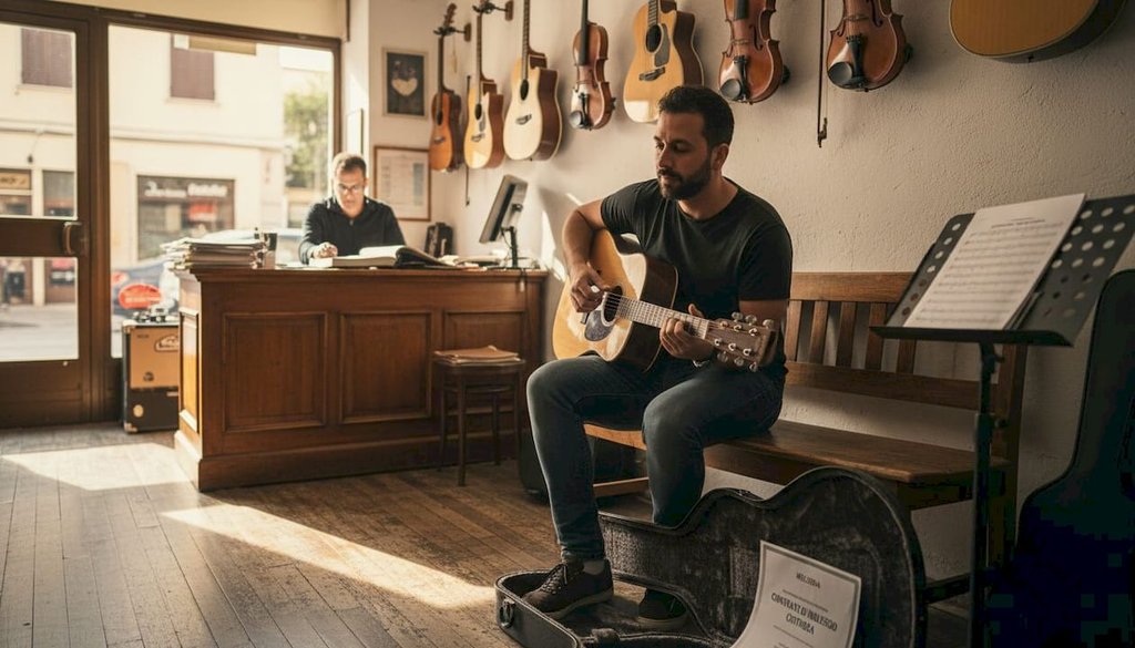 Un musicista dà un'occhiata attenta a una chitarra a noleggio in un negozio di strumenti musicali, valutandone le condizioni prima di decidere se prenderla.