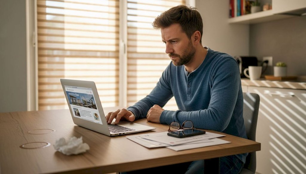 Un uomo seduto al tavolo della cucina lavora al computer portatile.