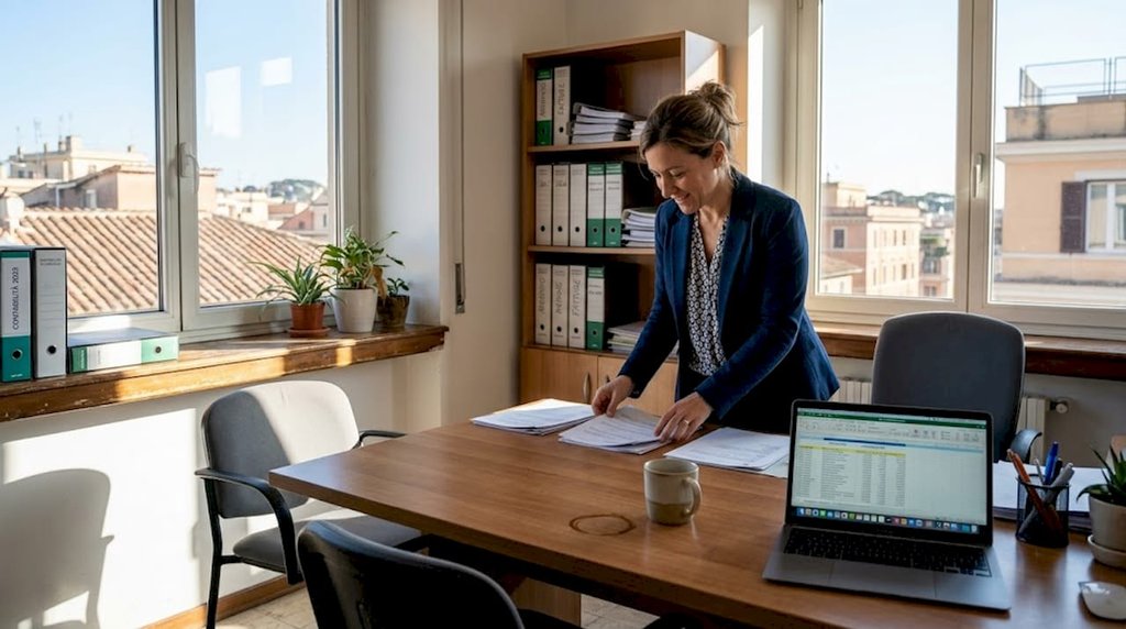 Un responsabile sta sistemando gli arredi a noleggio all’interno dell’ufficio, organizzando gli spazi di lavoro per renderli funzionali e accoglienti.