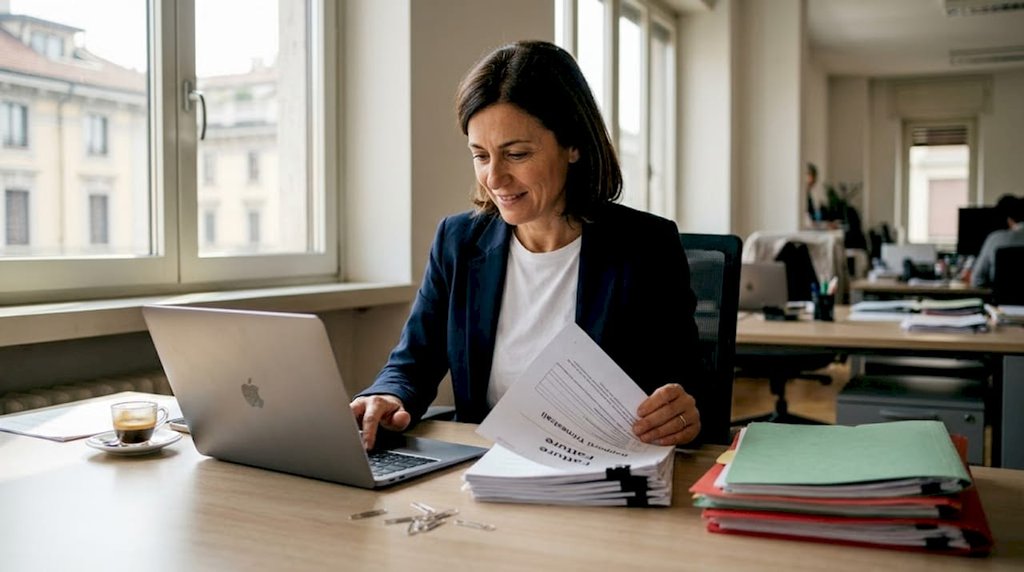 Una manager esamina attentamente i documenti relativi alla strategia di locazione.