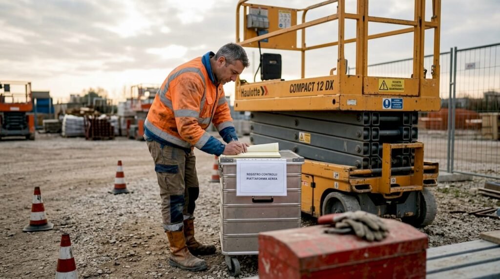 Un tecnico sta effettuando il controllo della piattaforma aerea direttamente in cantiere.