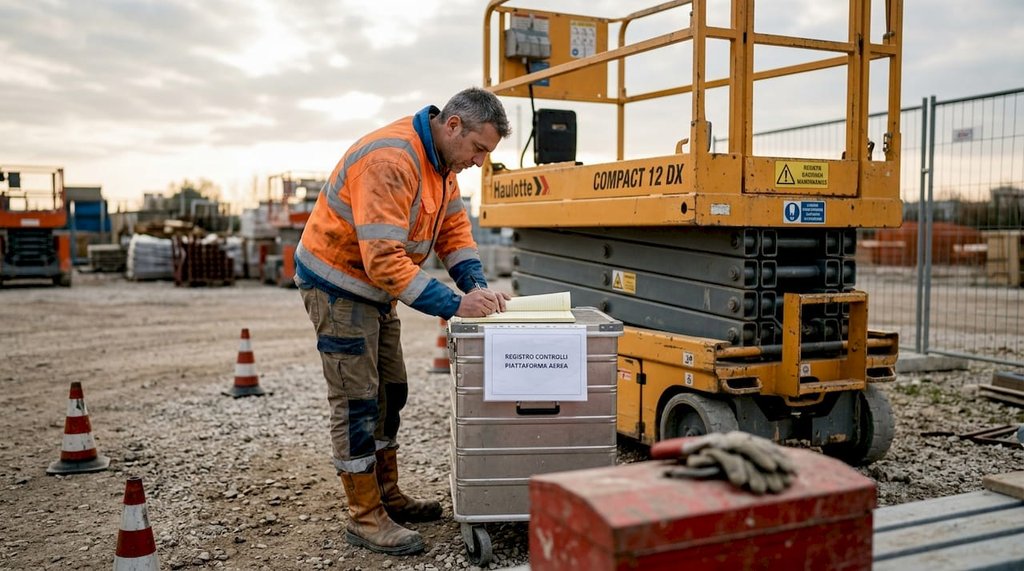 Un tecnico sta effettuando il controllo della piattaforma aerea direttamente in cantiere.