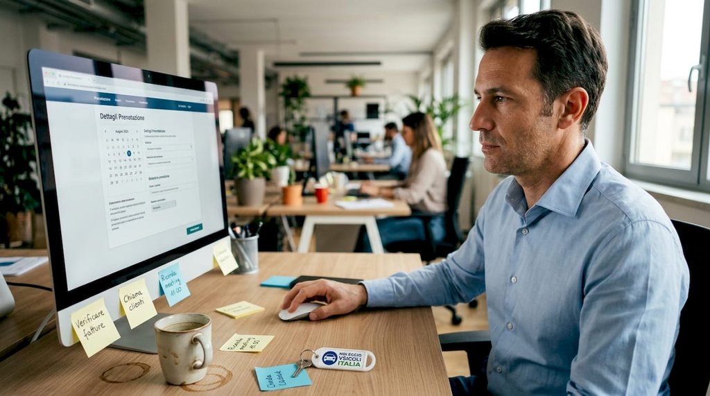 Un uomo gestisce in modo automatico la prenotazione della sua postazione in ufficio.
