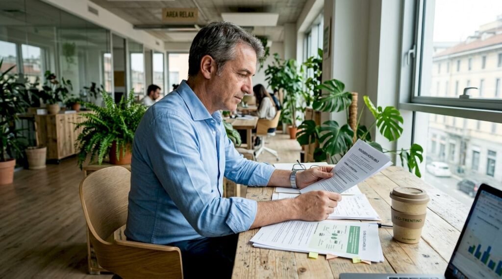 Un uomo controlla dei documenti mentre lavora in un ufficio ecosostenibile.