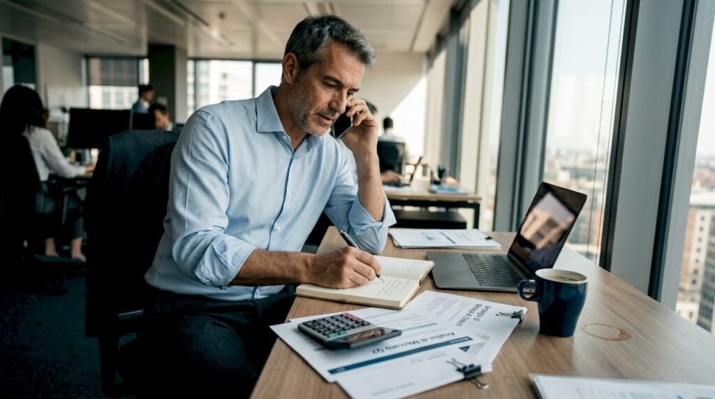 Un imprenditore al lavoro mentre parla al telefono nel suo ufficio.