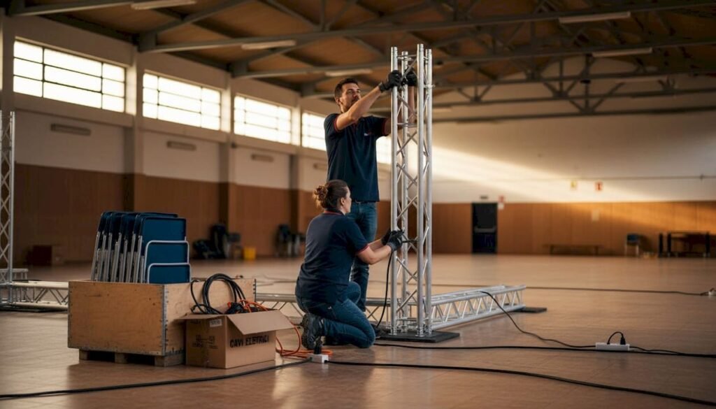 Lo staff è impegnato a montare le attrezzature per l’evento all’interno della sala.