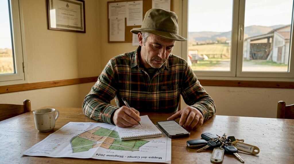 Un agricoltore organizza le attività logistiche annotando tutto su un taccuino.