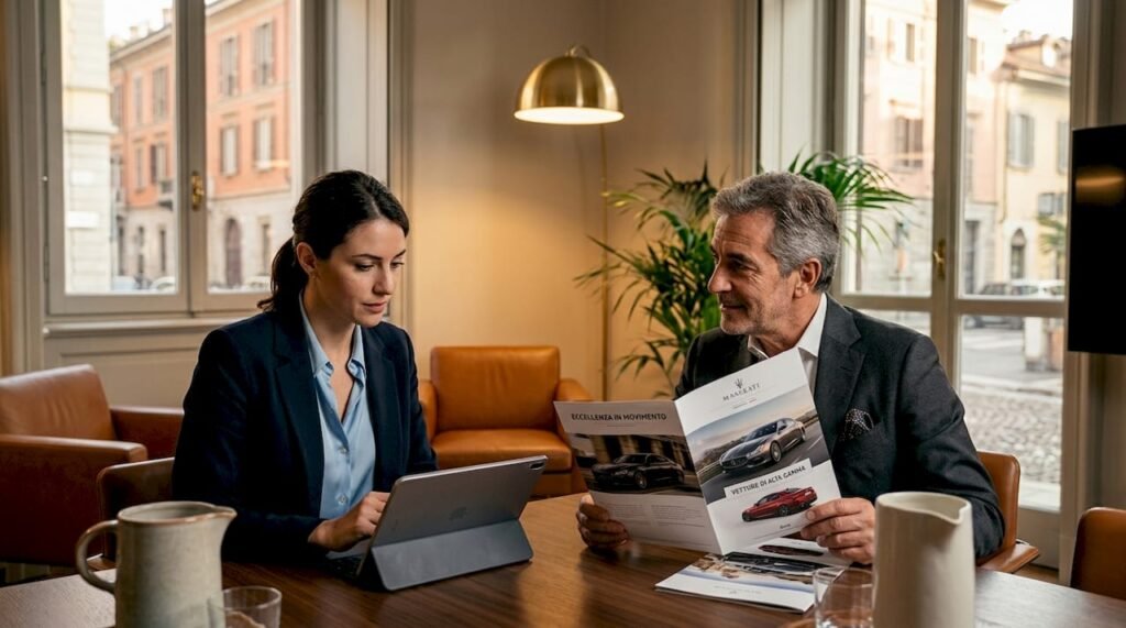 Un cliente e un consulente stanno valutando insieme le opzioni per il noleggio di un’auto di lusso.