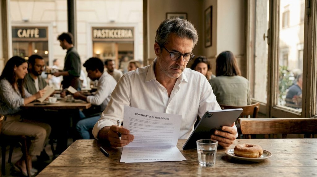 Uomo che esamina un contratto di affitto mentre lavora in uno spazio di coworking