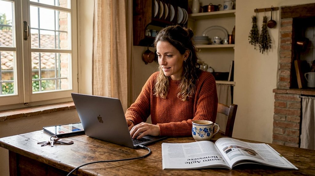 Una donna lavora al computer nella sua cucina luminosa