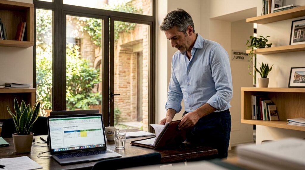 Manager che lavora in open space, con mobili presi in affitto