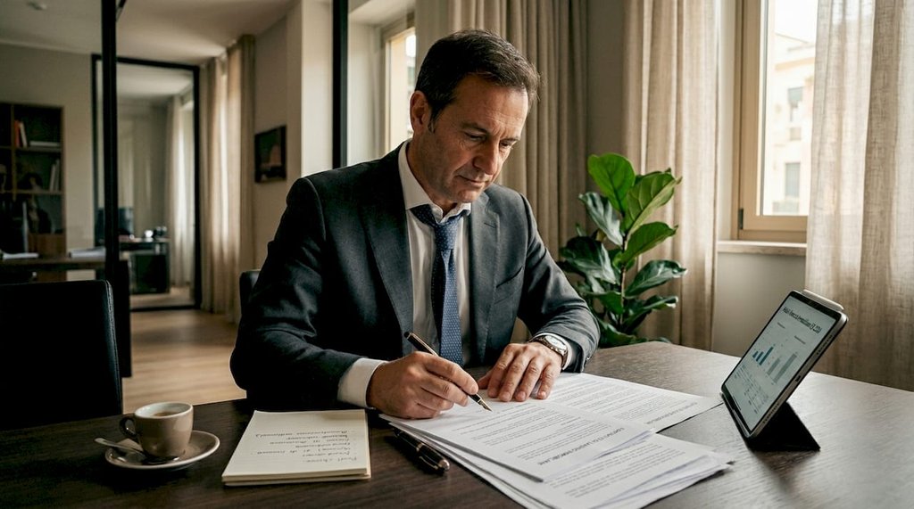 Imprenditore al lavoro in ufficio mentre esamina contratti di locazione