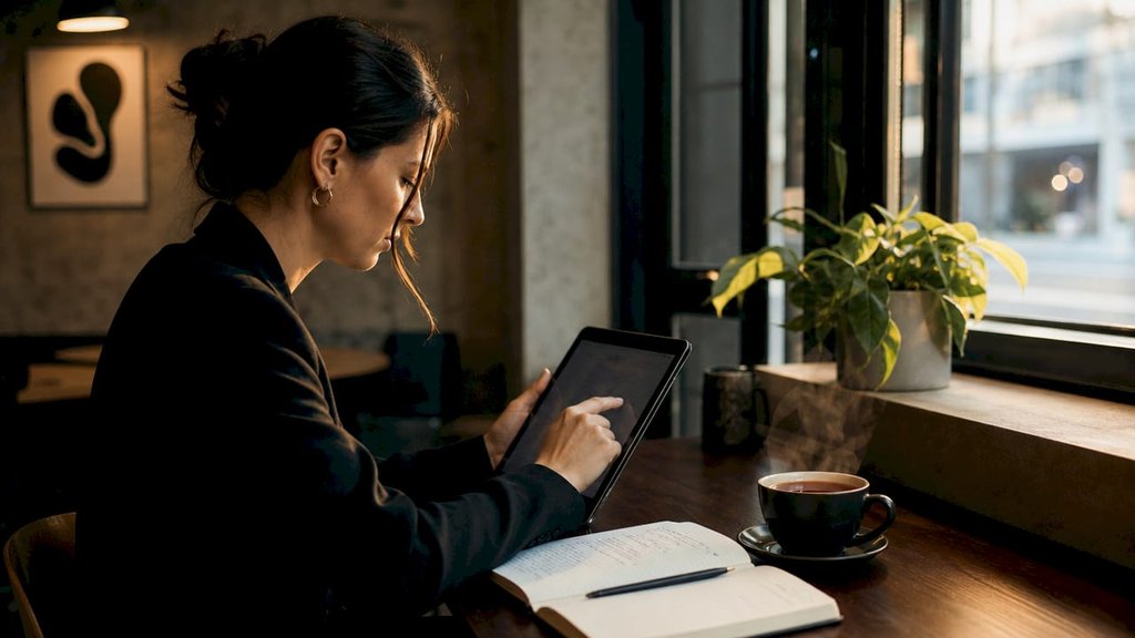 Manager al femminile al lavoro su un tablet in un ufficio moderno