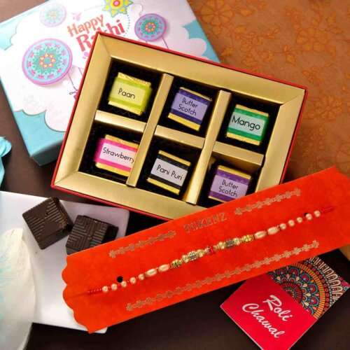 An All Beads Rakhi With 6 Piece Handmade Assorted chocolate Box