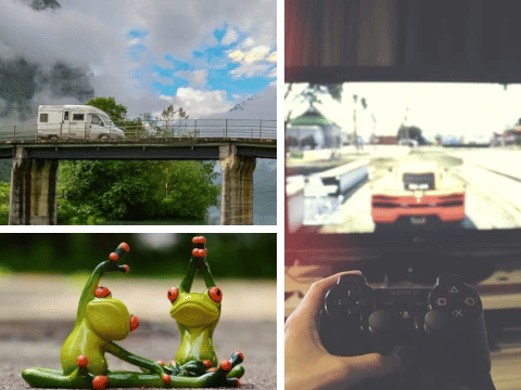 A photo collage, gymnastic frogs, a motorhome with mountains in the background and a video game