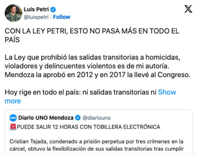 Luis Petri invocó su ley contra las salidas transitorias, pero los tres homicidios de Cristian Tejada ocurrieron antes de las normas que reivindica.
