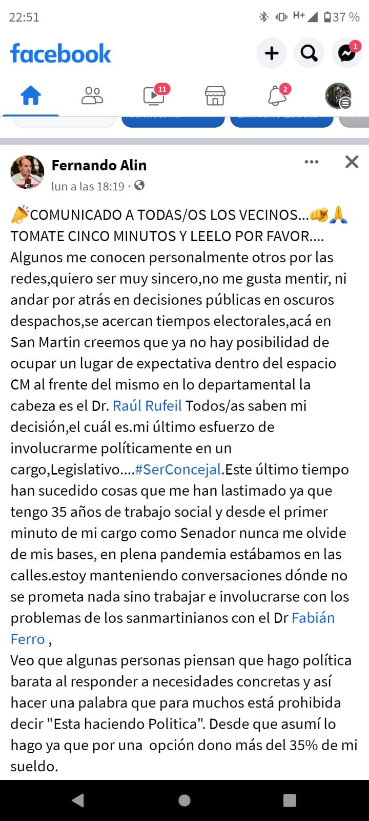 El senador Fernando Alin no apoyará la reelección de Raúl Rufeil