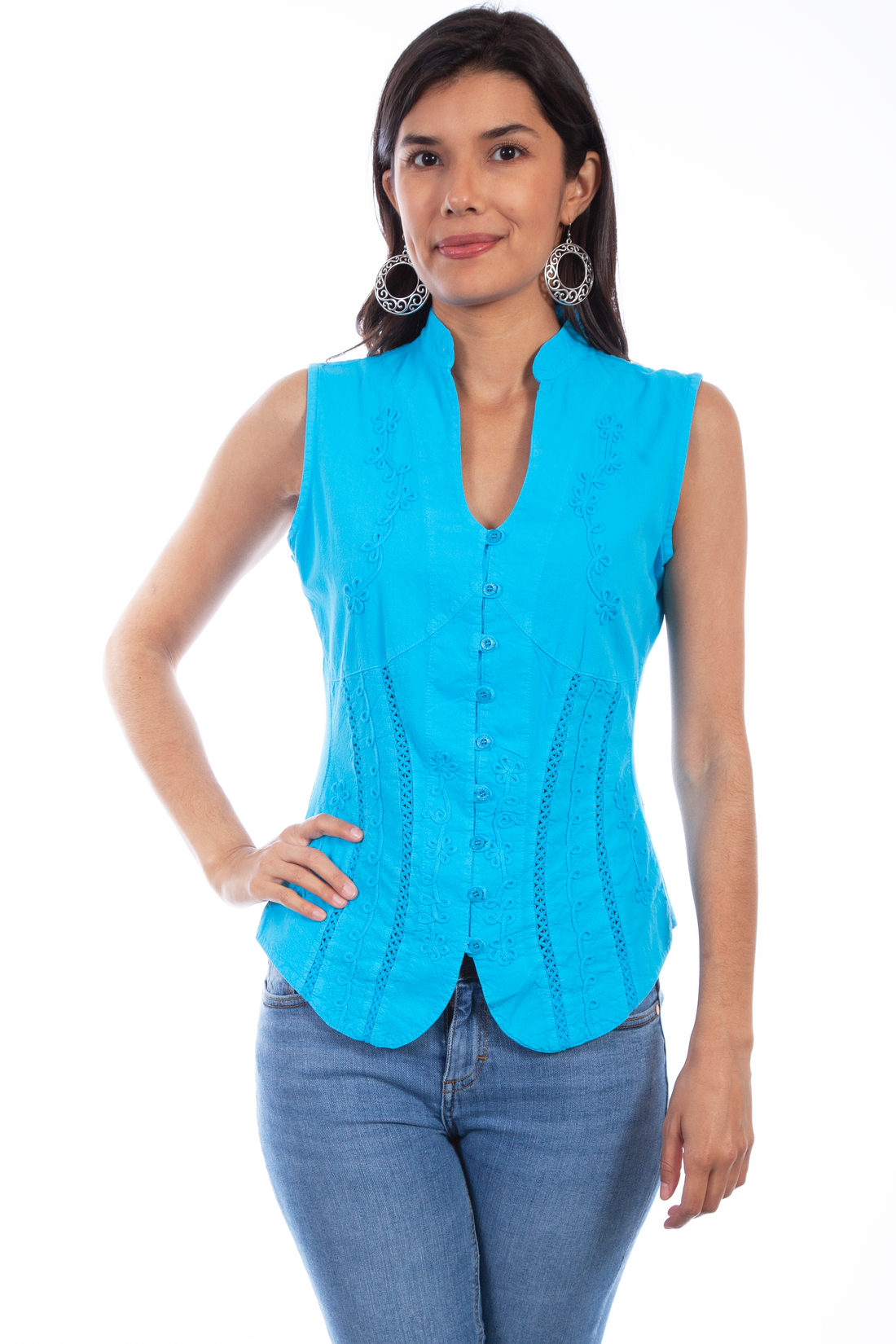 Cotton Sleeveless Blouse, Turquoise