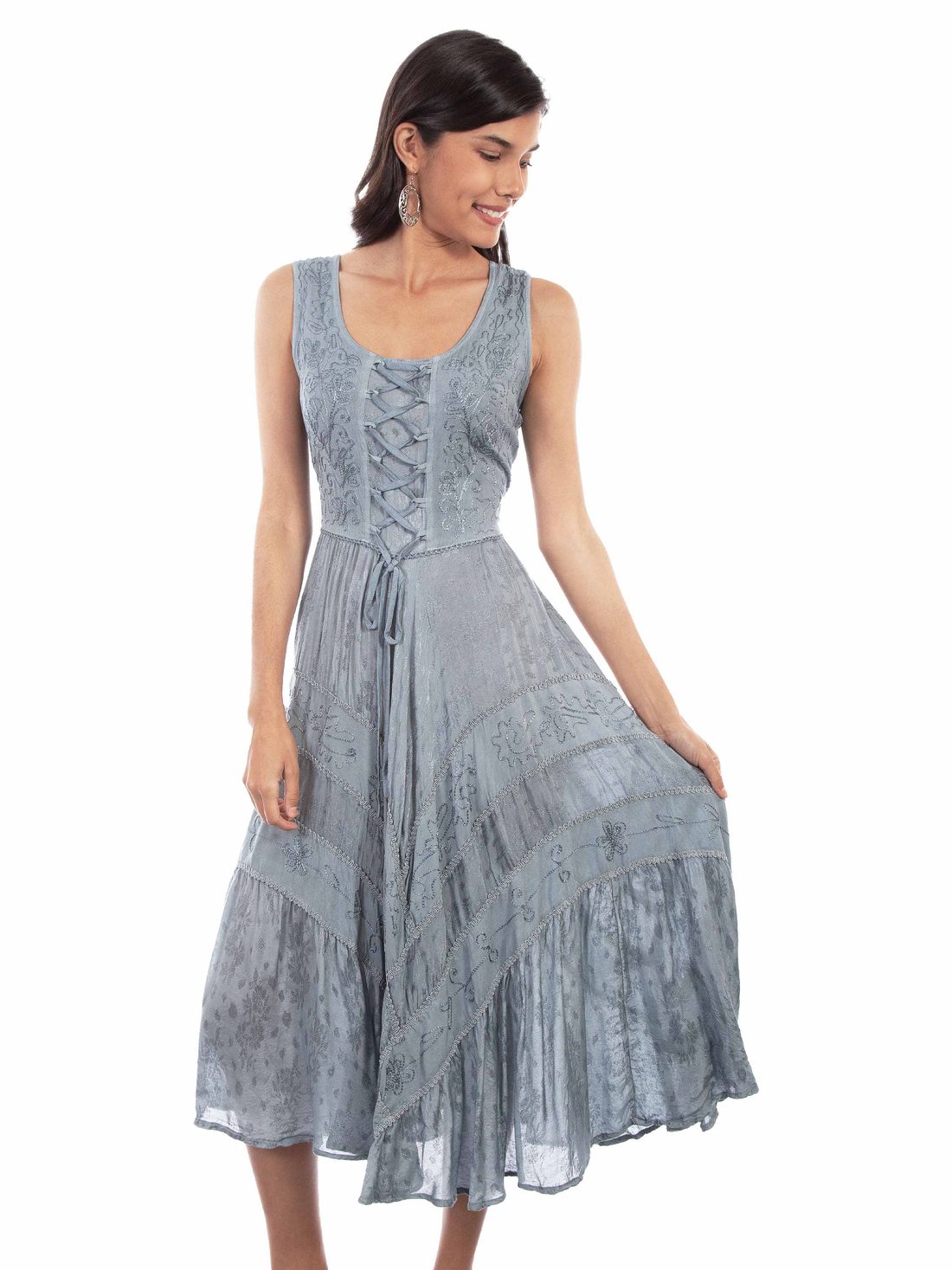 Full Length Lace-Up Front Sleeveless Dress, Ash Grey