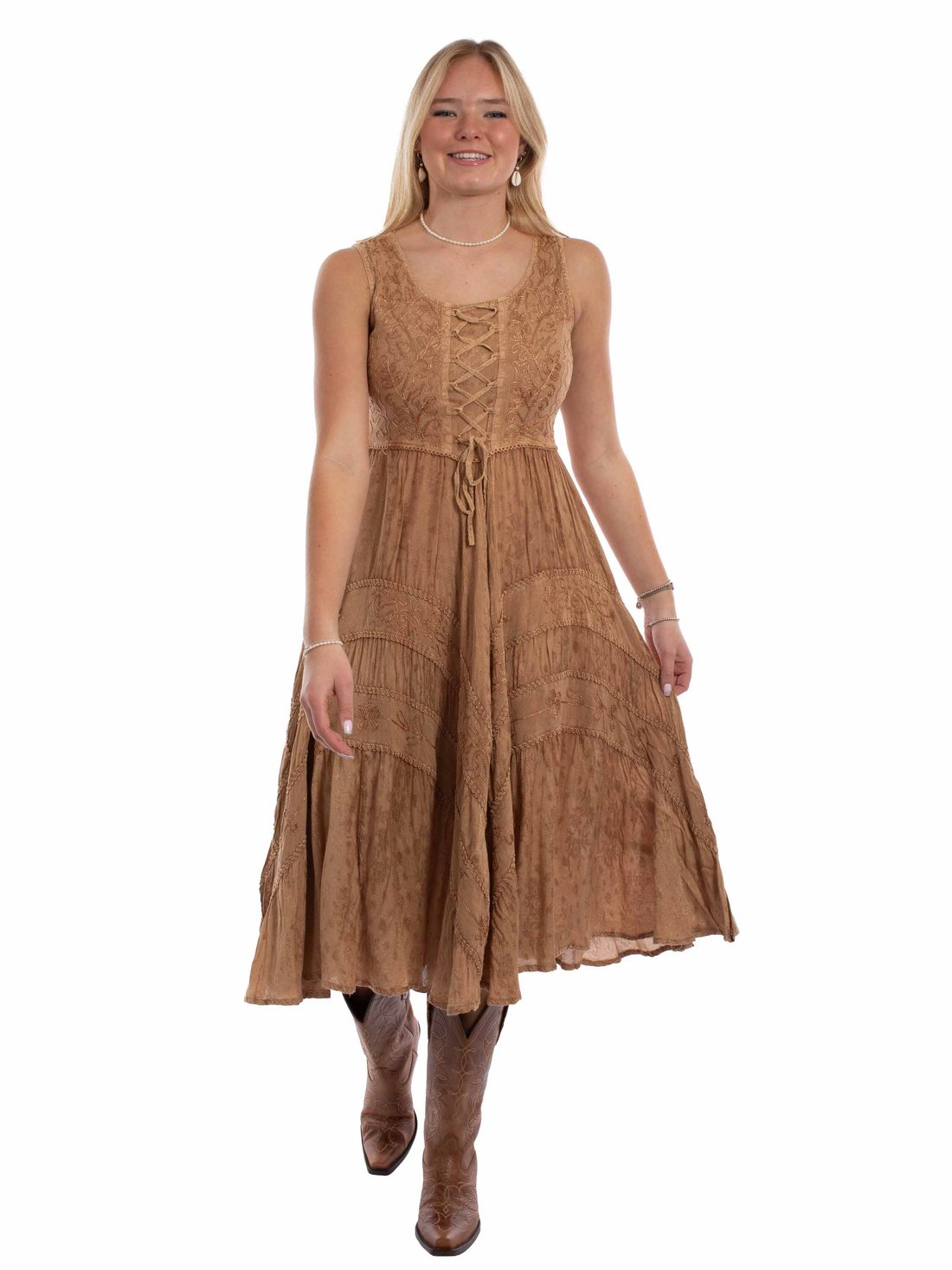 Full Length Lace-Up Front Sleeveless Dress, Beige