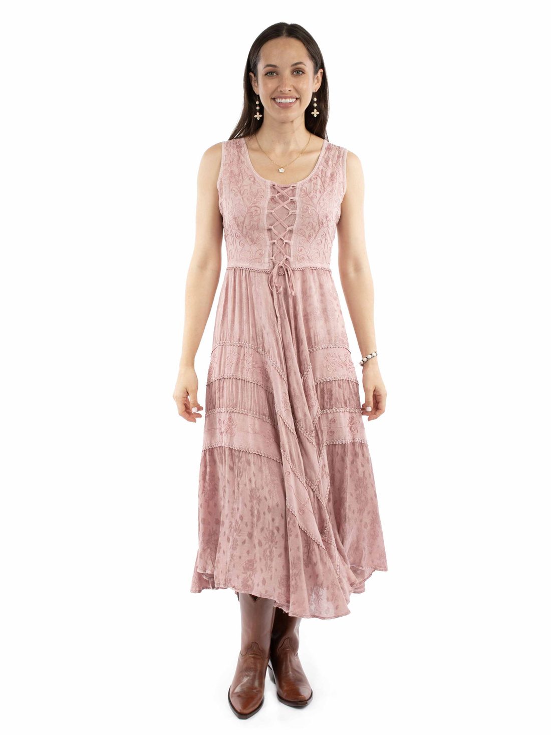 Full Length Lace-Up Front Sleeveless Dress, Dusty Pink