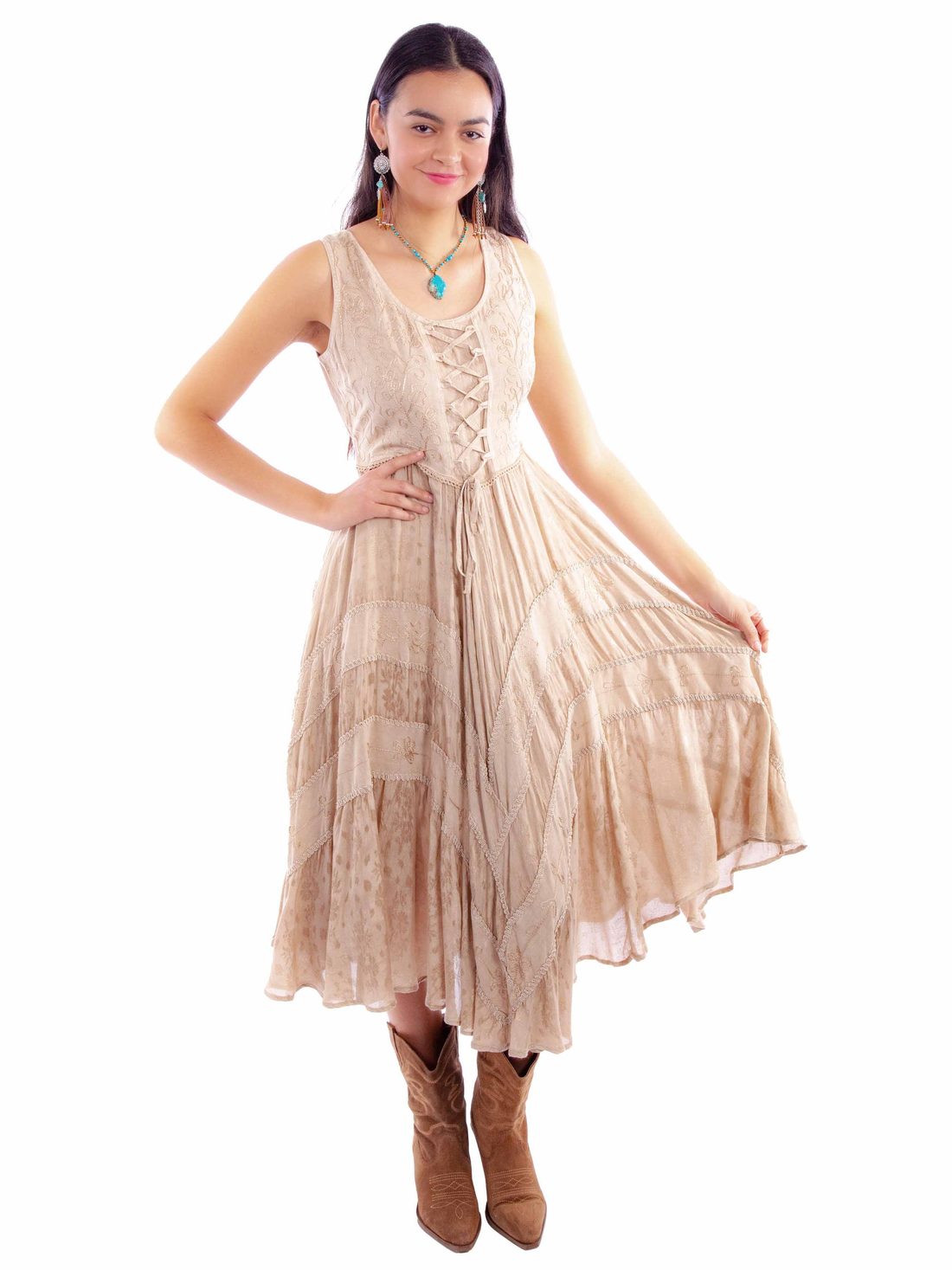 Full Length Lace-Up Front Sleeveless Dress, Lt Latte