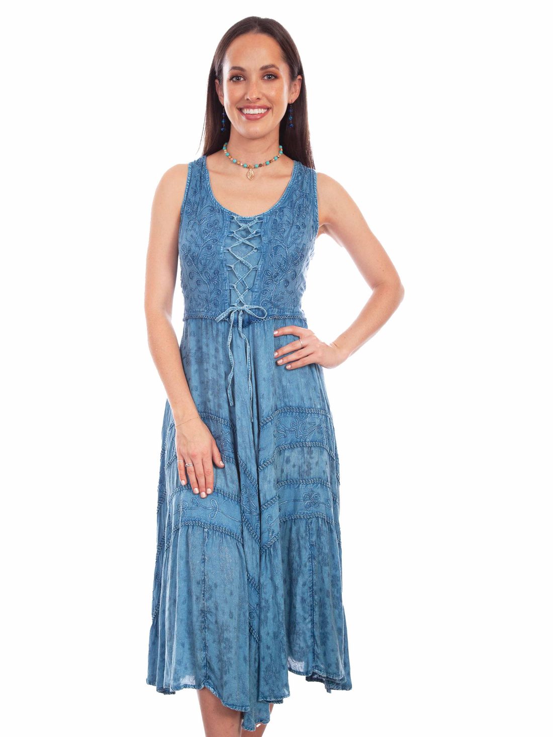 Full Length Lace-Up Front Sleeveless Dress, Light Denim