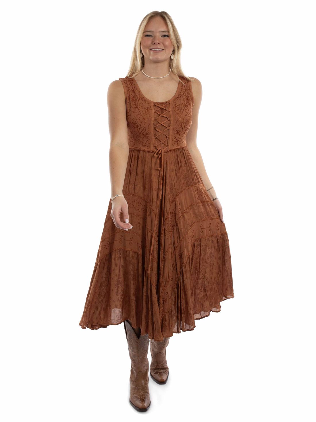 Full Length Lace-Up Front Sleeveless Dress, Rust