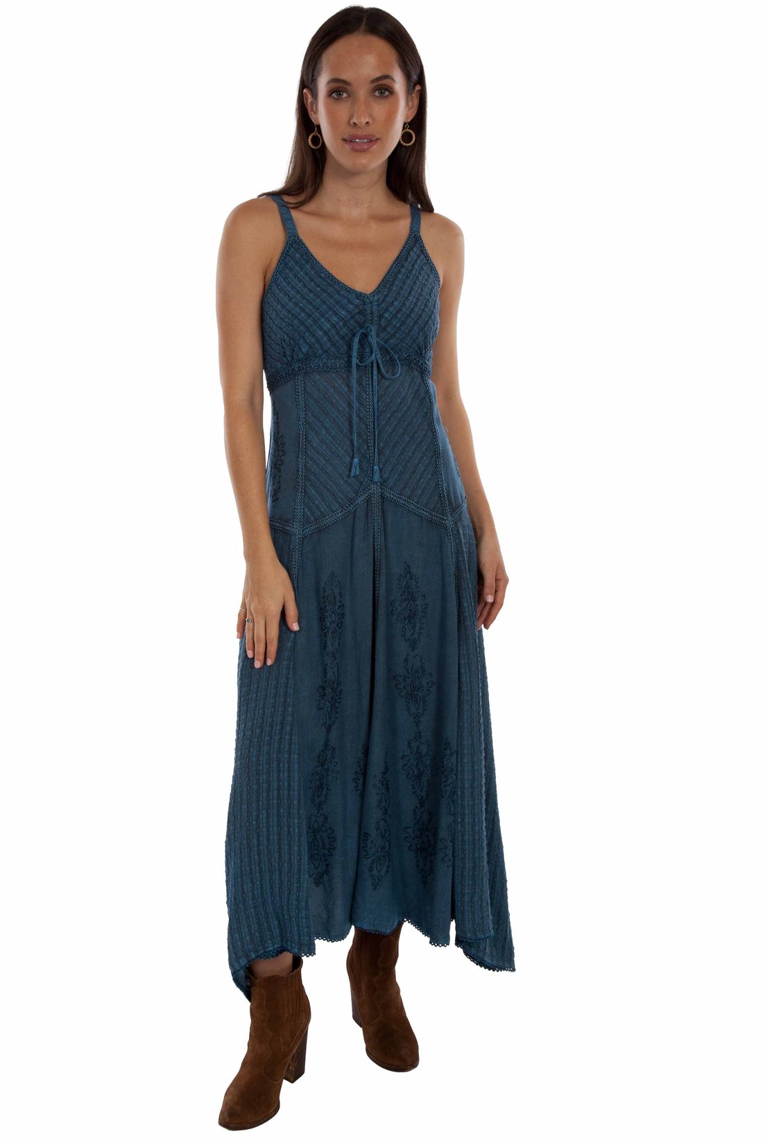 Multi-Fabric Long Spaghetti Strap Dress, Electric Blue