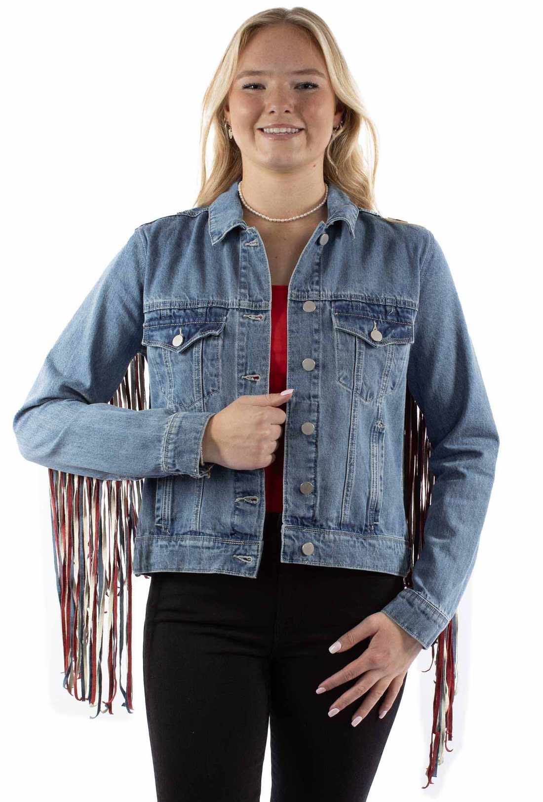 Americana Denim Fringe Jacket, Red White & Blue