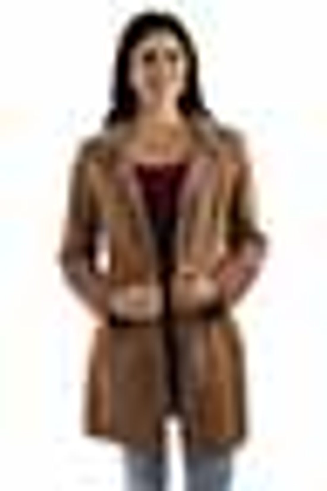 Suede Shearling-Trim Coat, Caramel