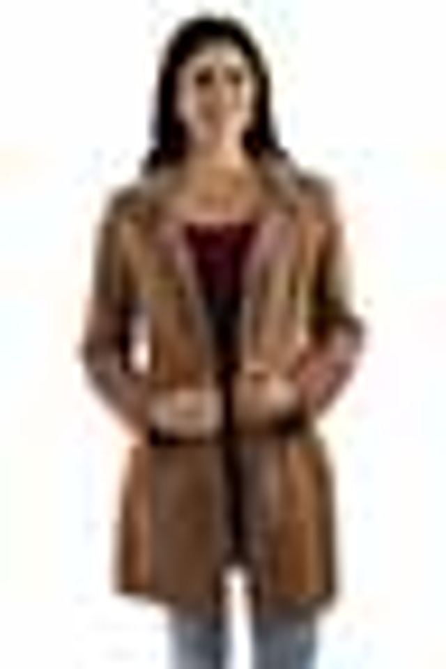 Suede Shearling-Trim Coat, Caramel