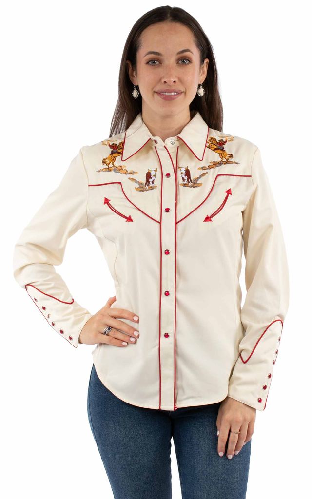 Cattle Roper Embroidered Top, Cream