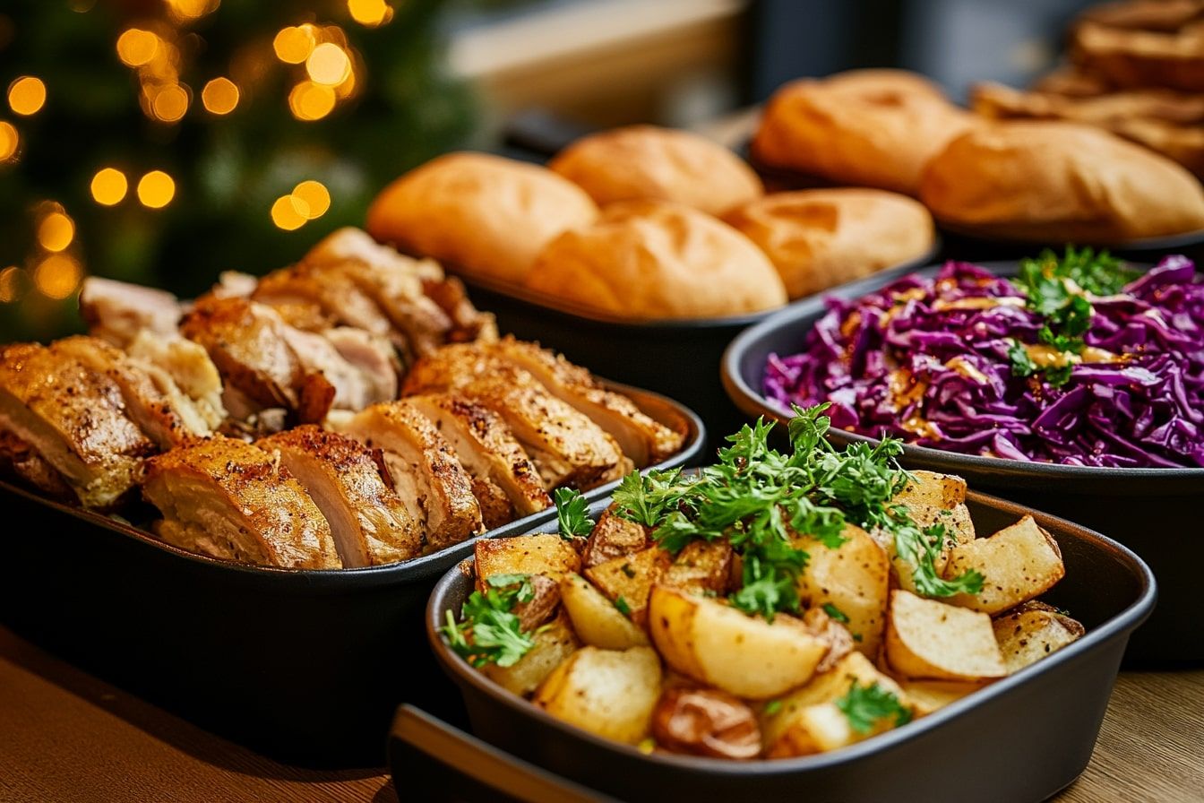 Buffet med kartofler, rødkål og andet