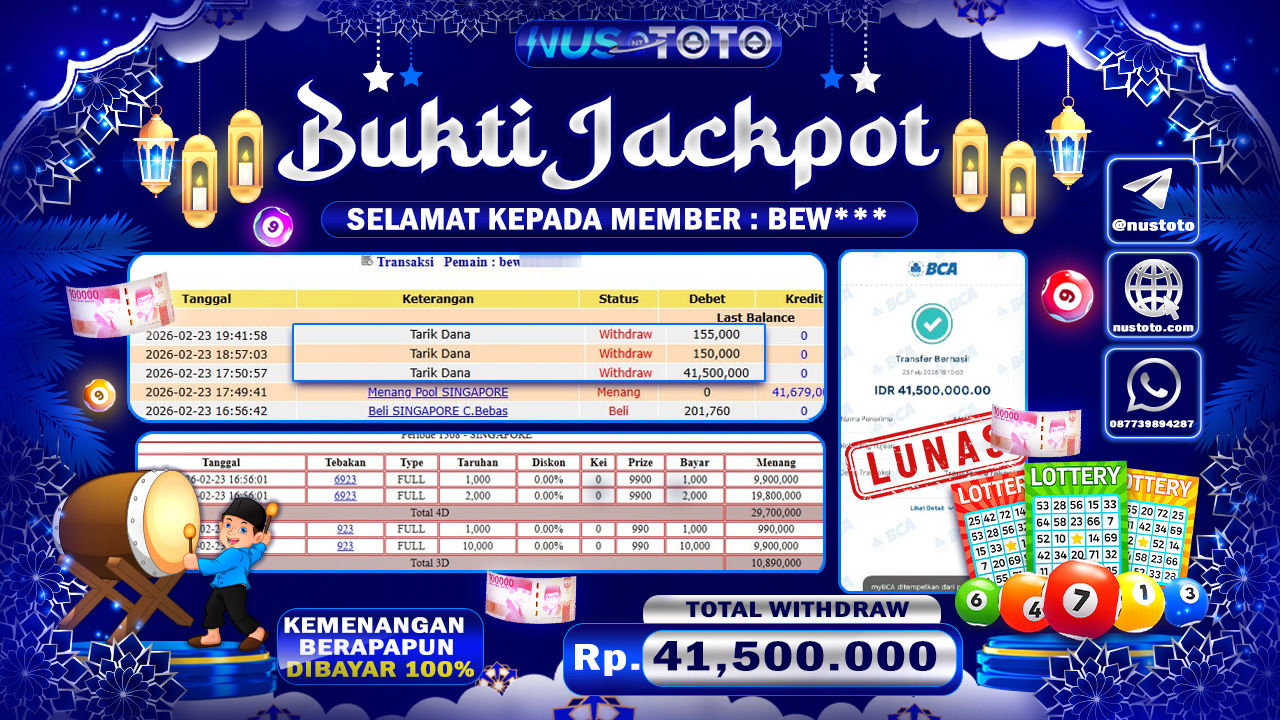 JACKPOT !! MENANG BESAR DI PERMAINAN TOGEL PASARAN SINGAPORE Rp. 41.500.000 LANGSUNG DI BAYAR LUNAS NUSTOTO !!