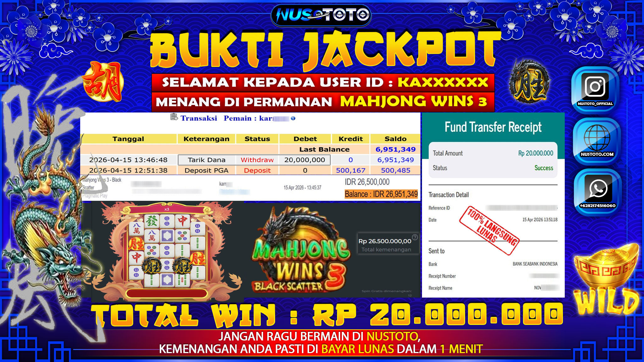 JACKPOT !! MENANG BESAR DI SLOT MAHJONG WINS 3 Rp. 20.000.000 LANGSUNG DI BAYAR LUNAS NUSTOTO !!