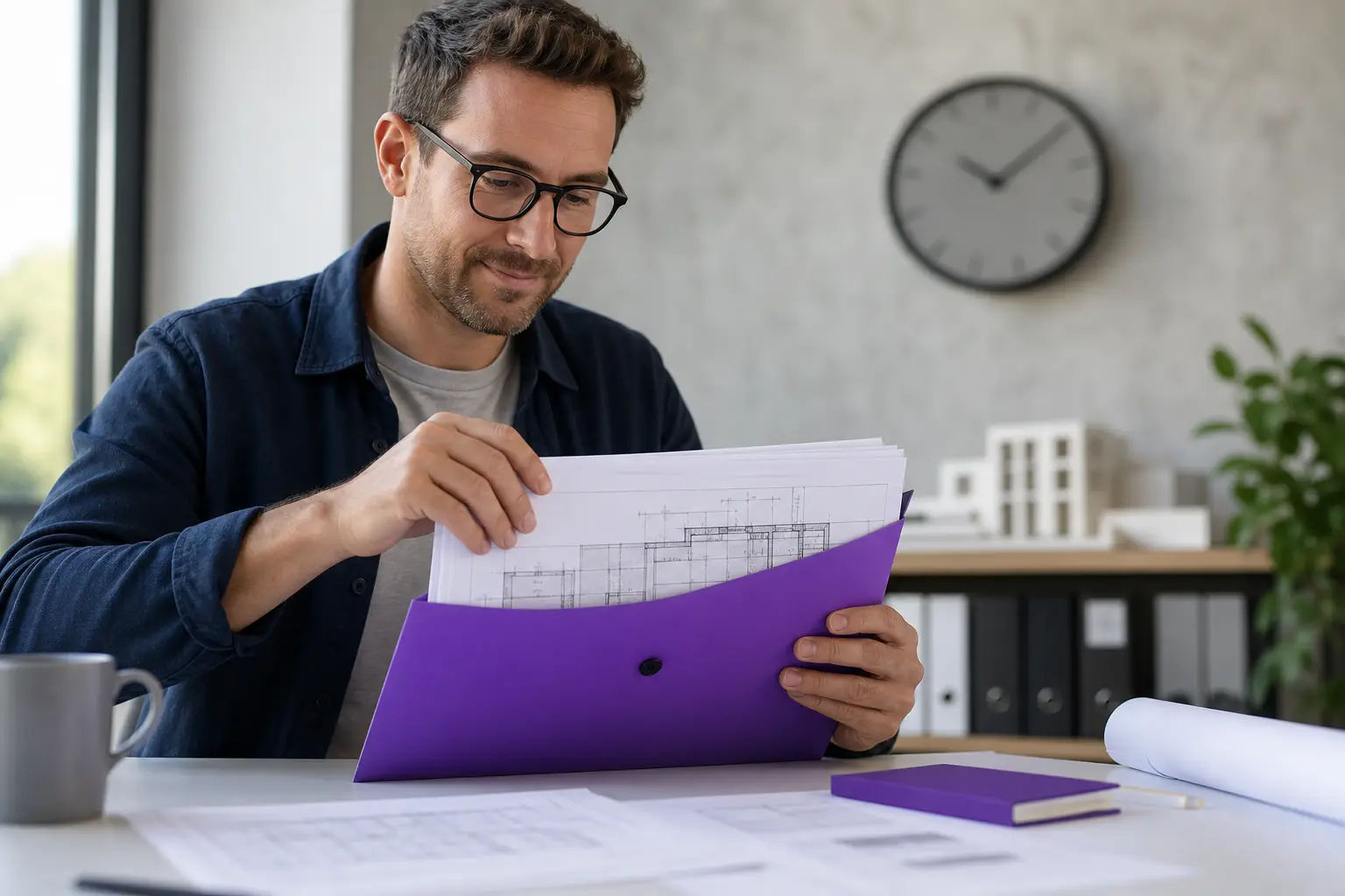 Architekt legt einen Plansatz in eine Dokumentenmappe, Wanduhr im Hintergrund