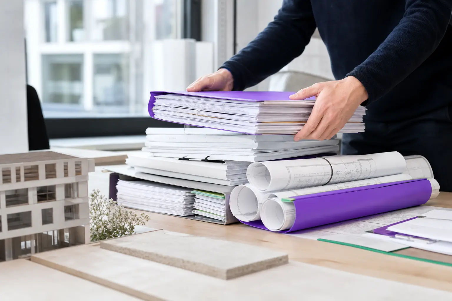 Gestapelte Planrollen und Aktenordner auf einem Bürotisch