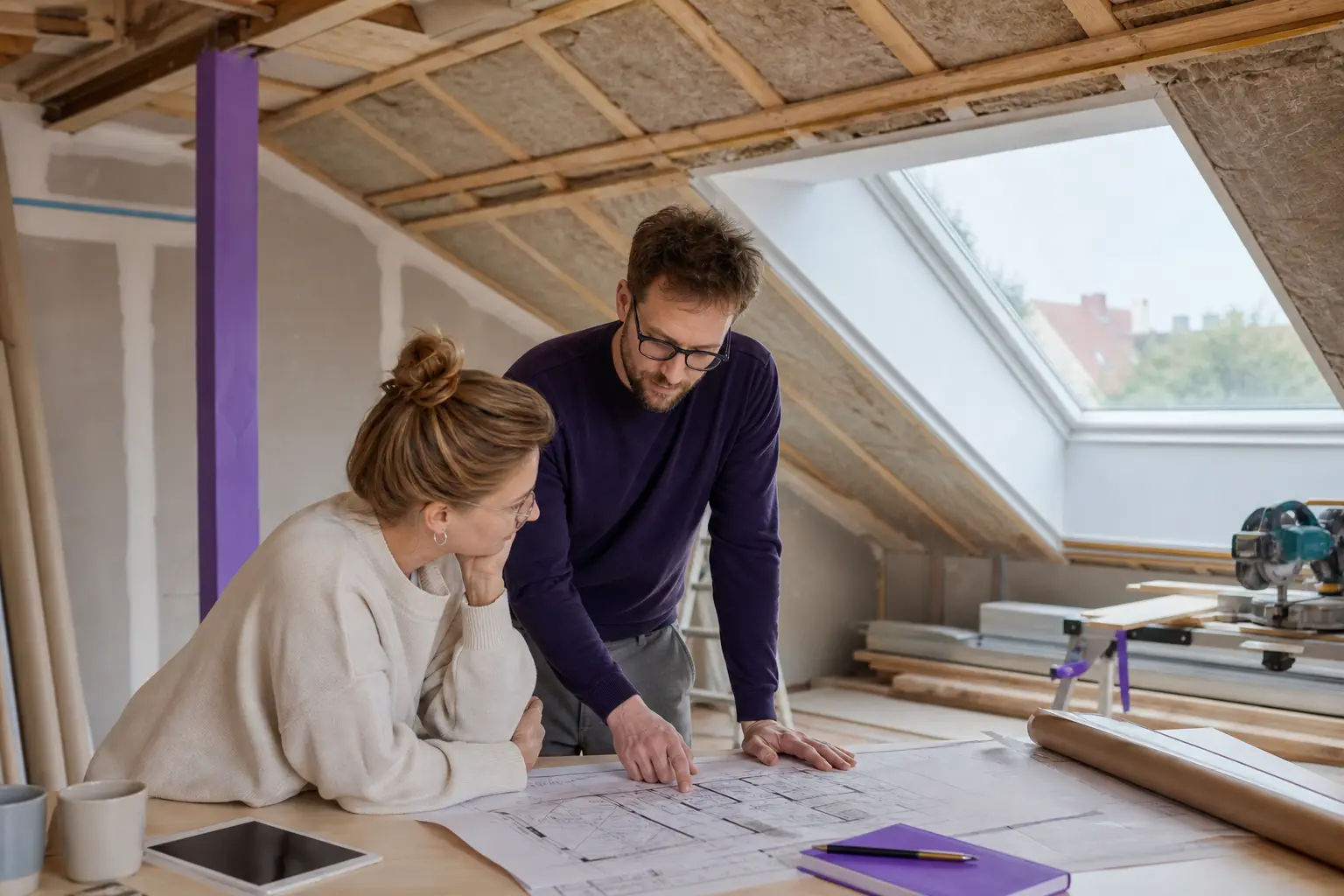 Dachgeschoss im Ausbau mit Sparren, Dämmung und neuer Gaube