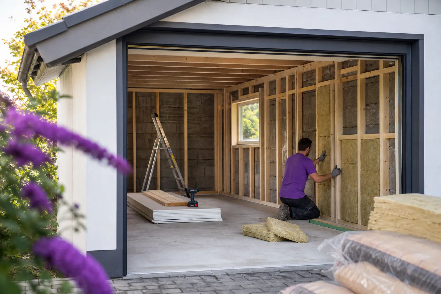 Garage mit offenem Tor, im Inneren neue Ständerwände und Dämmung