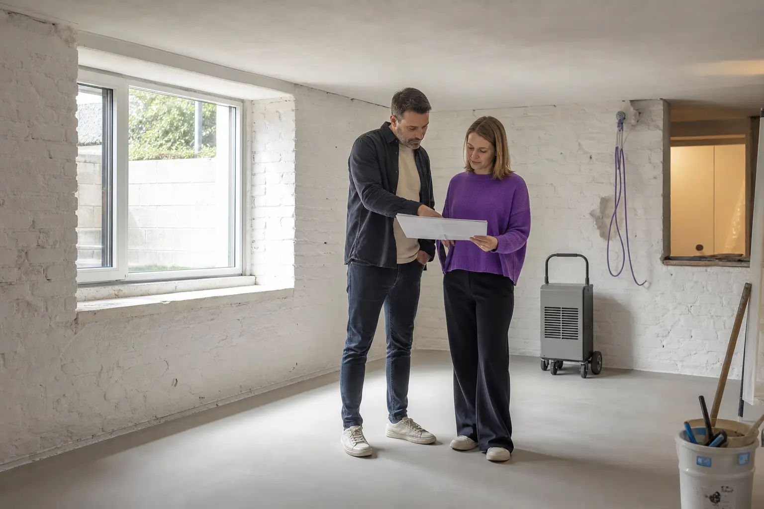 Kellerraum im Ausbau mit Lichtschacht und neuem Estrich