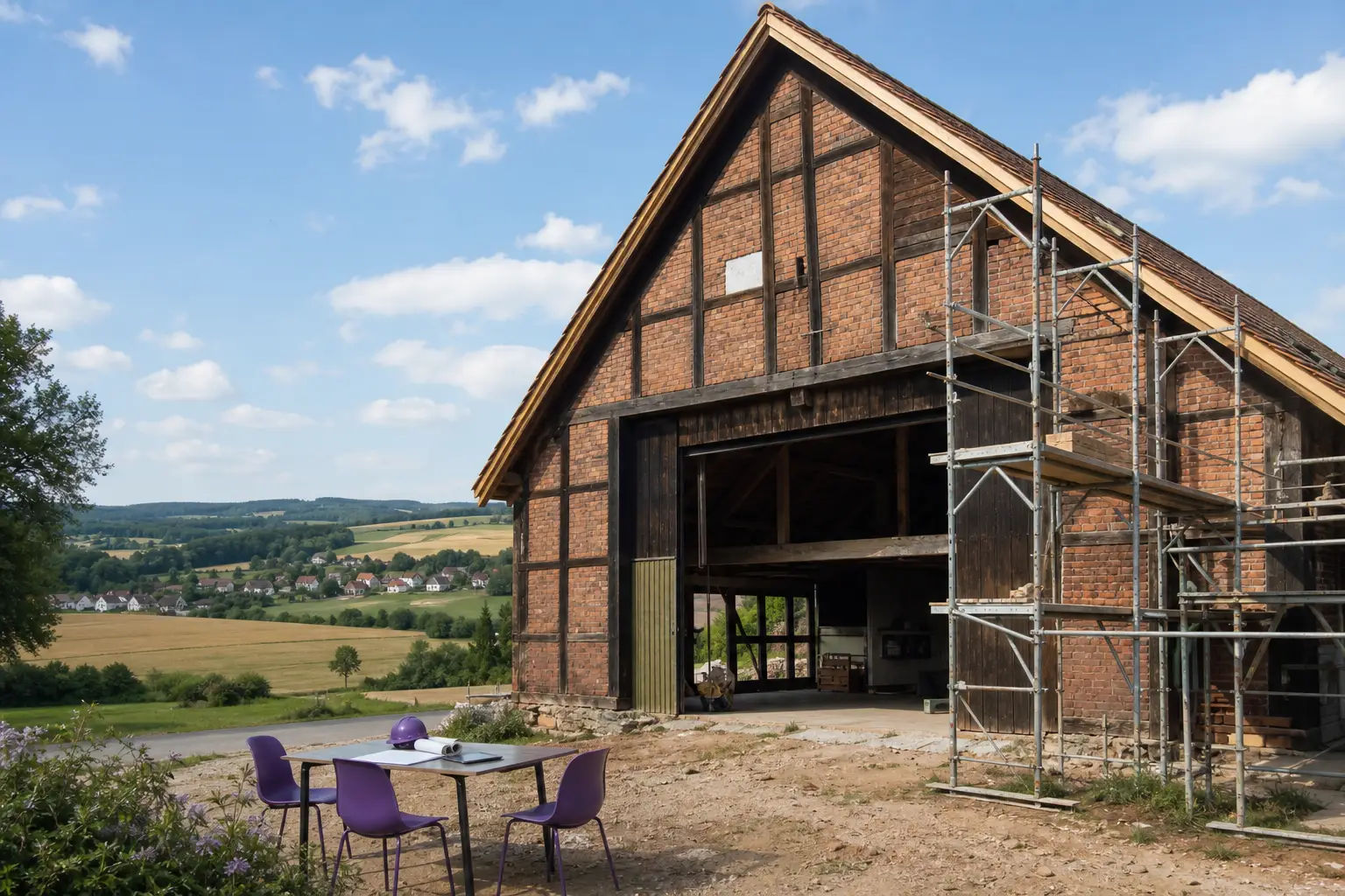 Ländliche Scheune mit Fachwerk und Gerüst im Umbau zum Wohnhaus