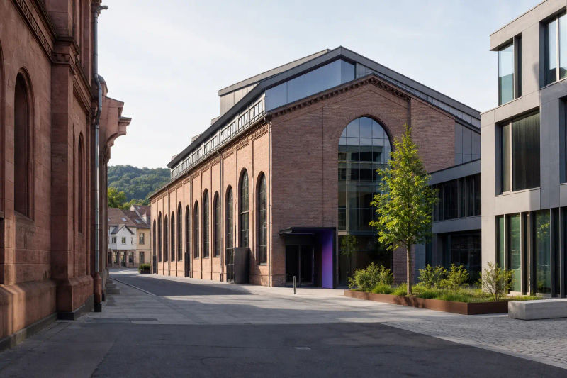 Saarländische Stadt mit Sandsteinbauten und Industriehalle