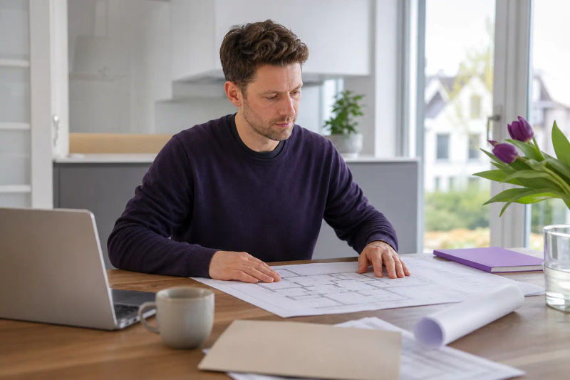 Person am Tisch mit einem Behördenschreiben neben Bauplänen und Laptop