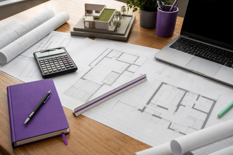 Arbeitsplatz mit Bauplänen, Taschenrechner und Maßstab
